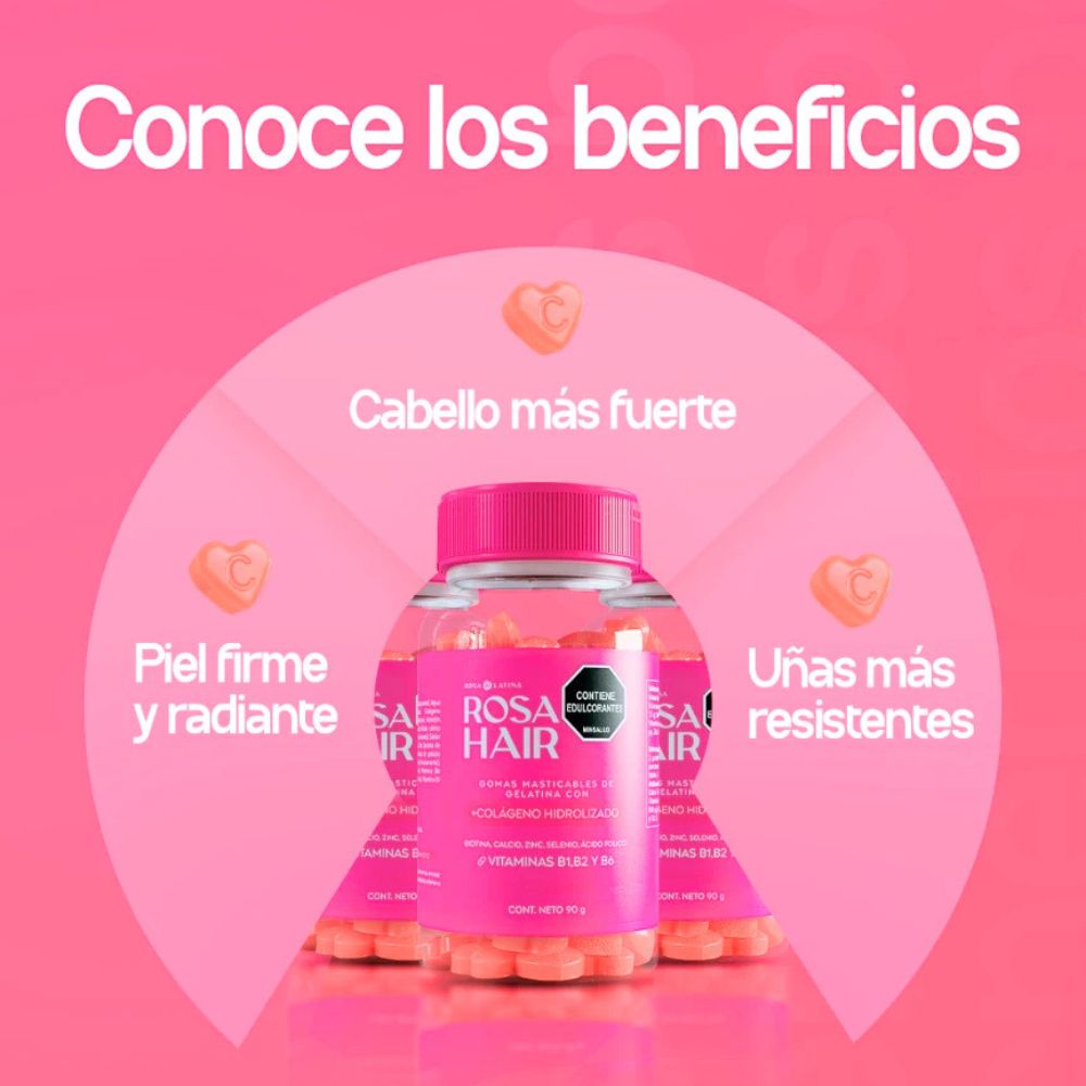 Rosa Hair – Gomitas con Biotina y Colágeno para Cabello, Uñas y Piel